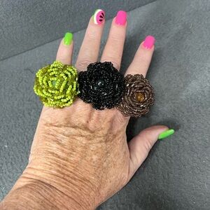 Beaded‎  Green, Black and Brown Oversized Floral Rings set of 3